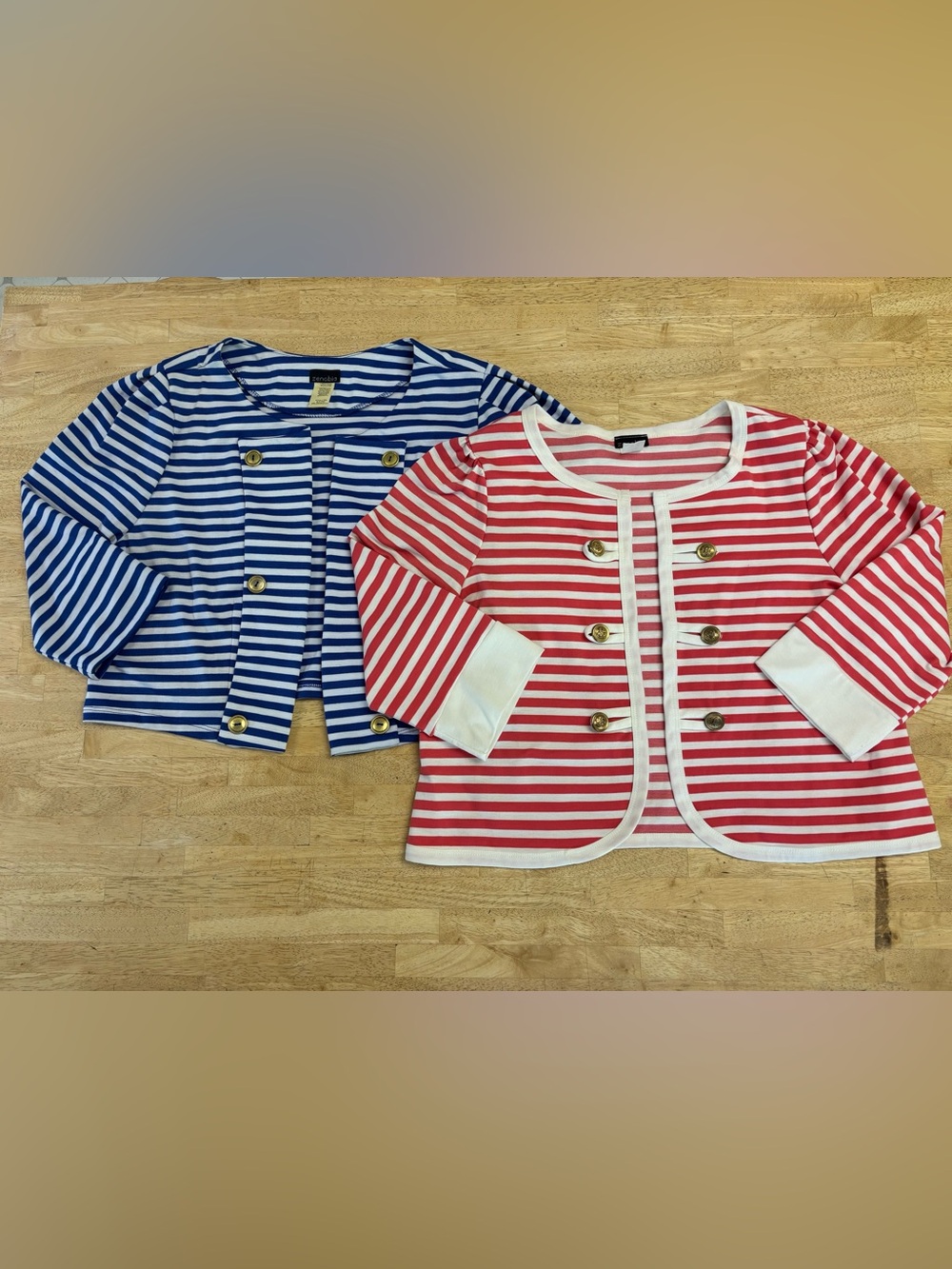 Vintage Zenobia Striped Open Front Knit Jackets in Red/White and Blue/White EUC